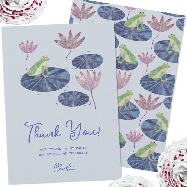 Frog on a Lily Pad Thank You Card (Cute frog themed thank you card with custom personalized text)