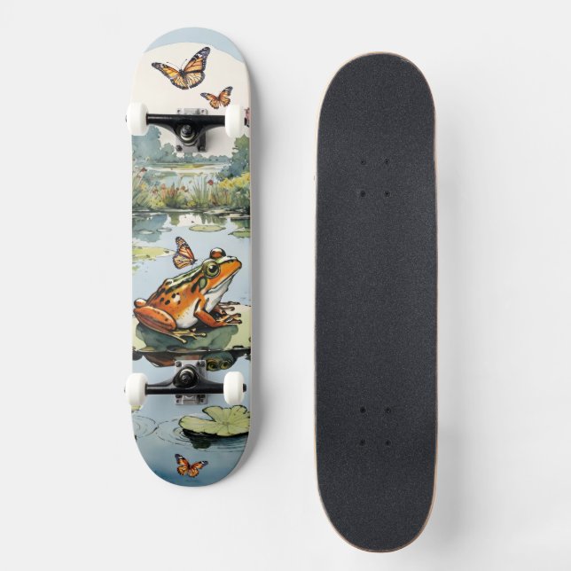 Frog On A Lily Pad with Butterflies Skateboard (Front)