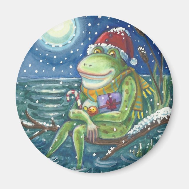 FROG ON A LOG, HOLIDAY CHRISTMAS MAGNET Round (Front)