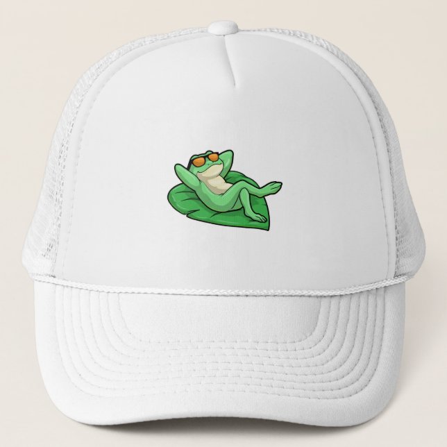 Frog on Leaf with Sunglasses Trucker Hat (Front)