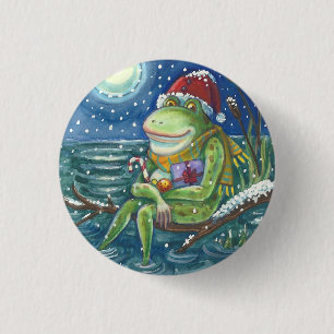 FROG ON LOG CHRISTMAS HOLIDAY BUTTON Round