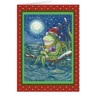 FROG ON LOG, KID'S CHRISTMAS GREETING CARD Blank