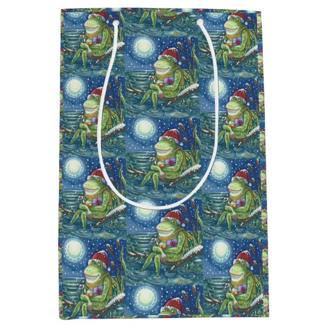 FROG ON LOG SANTA, CHRISTMAS MEDIUM GIFT BAG (Front)