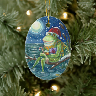 FROG ON LOG WARMS THE HEART, FUNNY, CUTE CHRISTMAS CERAMIC ORNAMENT