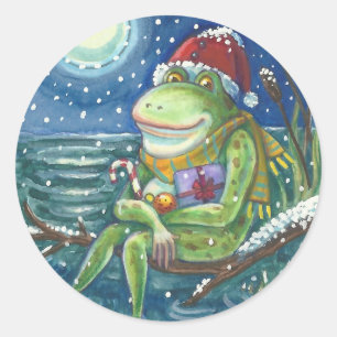 FROG ON LOG WARMS THE HEART, FUNNY, CUTE CHRISTMAS CLASSIC ROUND STICKER