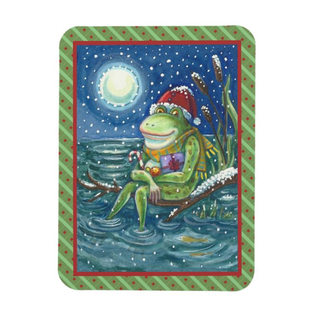 FROG ON LOG WARMS THE HEART, FUNNY, CUTE CHRISTMAS MAGNET (Vertical)