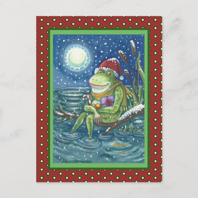 FROG ON LOG WARMS THE HEART, FUNNY, CUTE CHRISTMAS POSTCARD (Front)