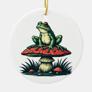 Frog on Mushroom Cottagecore Forest Magic Fungi Ceramic Ornament
