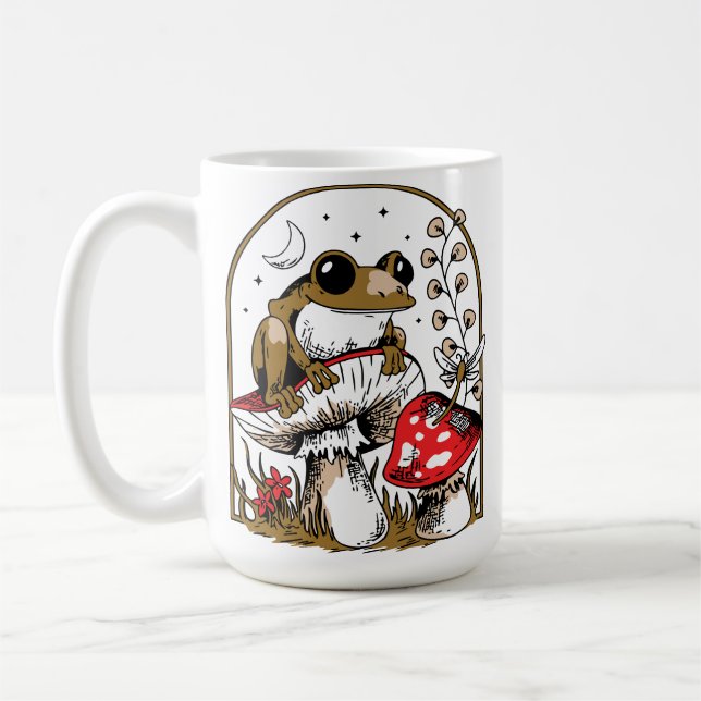 Frog on Mushroom Under Moonlit Sky Coffee Mug (Left)