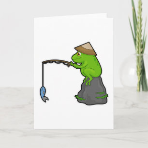 Frog on Stone at Fishing with Fishing rod & Fish Card