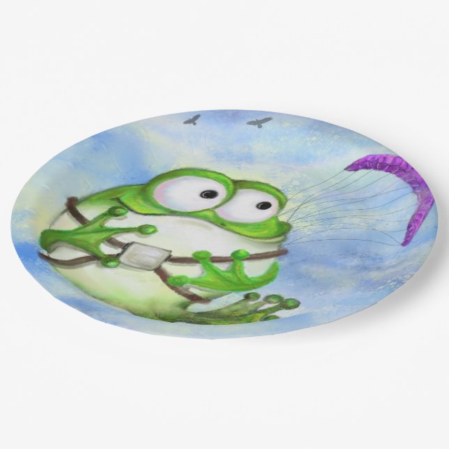 Frog Paraglider Funny Paper Plates (Angled)