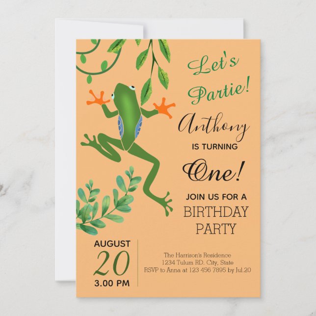 Frog Party 1st birthday Turning one Orange Invitation (Front)