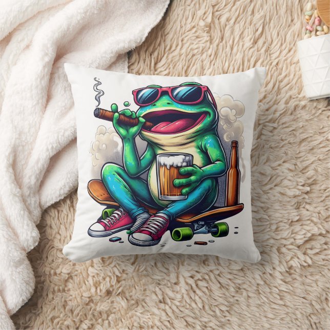 Frog partying on a skateboard with drinks! cushion (Blanket)