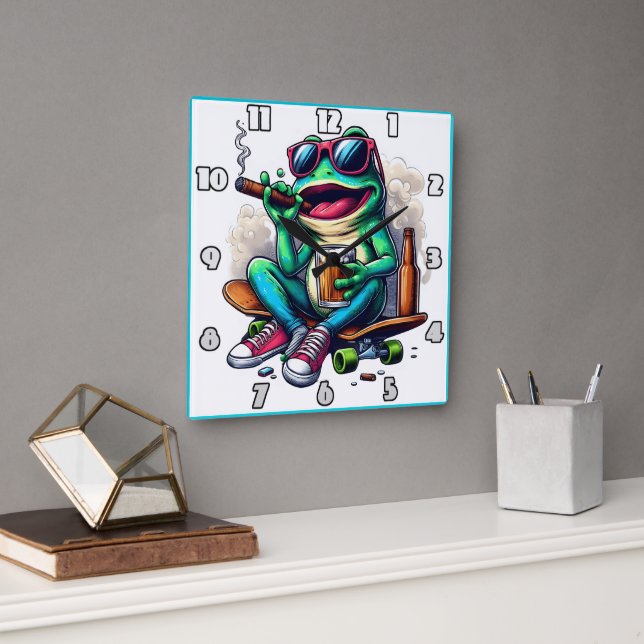 Frog partying on a skateboard with drinks! square wall clock (Office)