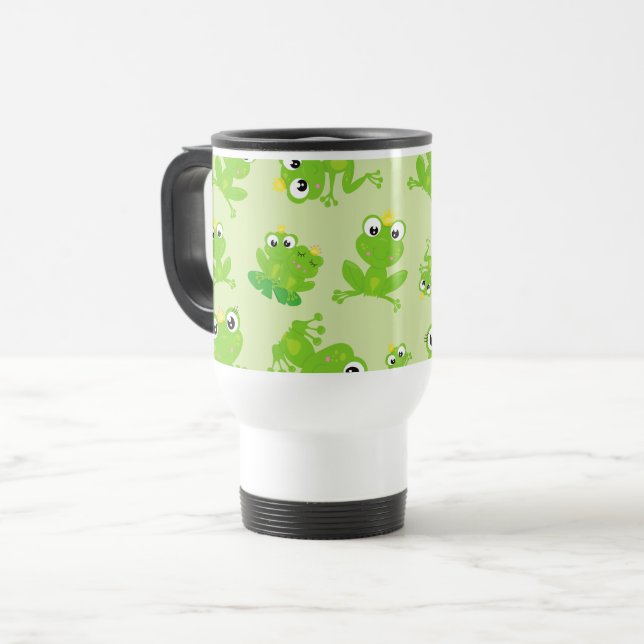 Frog Pattern, Cute Frogs, Green Frogs, Frog Prince Travel Mug (Front Left)