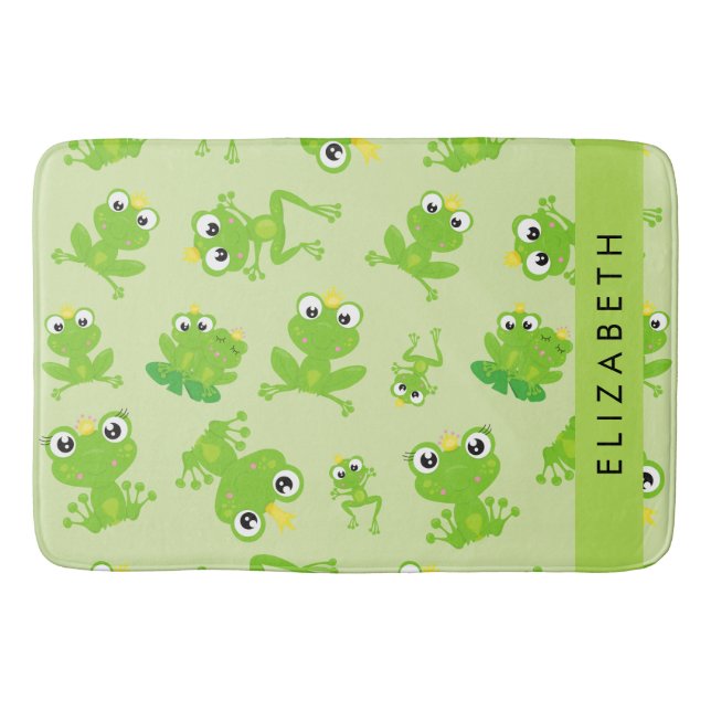 Frog Pattern, Green Frogs, Frog Prince, Your Name Bath Mat (Front)