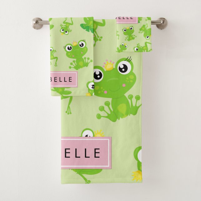 Frog Pattern,  Green Frogs, Frog Prince, Your Name Bath Towel Set (Insitu)