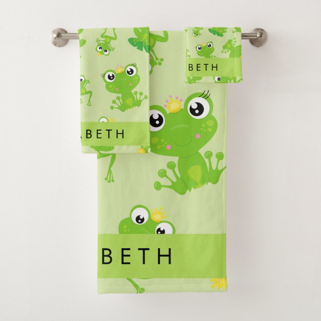 Frog Pattern, Green Frogs, Frog Prince, Your Name Bath Towel Set (Insitu)