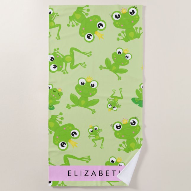 Frog Pattern, Green Frogs, Frog Prince, Your Name Beach Towel (Front)