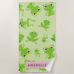 Frog Pattern,  Green Frogs, Frog Prince, Your Name Beach Towel