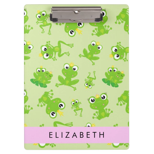 Frog Pattern, Green Frogs, Frog Prince, Your Name Clipboard (Front)