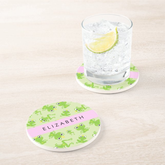 Frog Pattern, Green Frogs, Frog Prince, Your Name Coaster (Side)