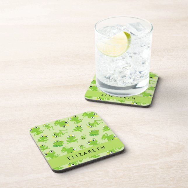 Frog Pattern, Green Frogs, Frog Prince, Your Name Coaster (Right Side)