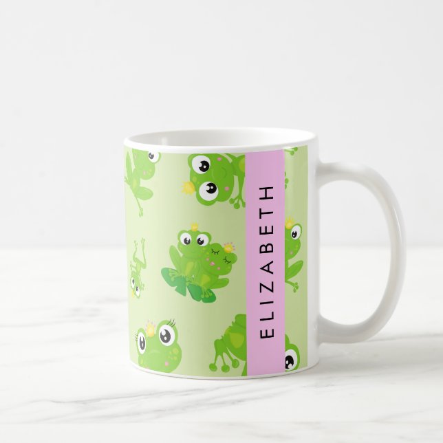 Frog Pattern, Green Frogs, Frog Prince, Your Name Coffee Mug (Right)