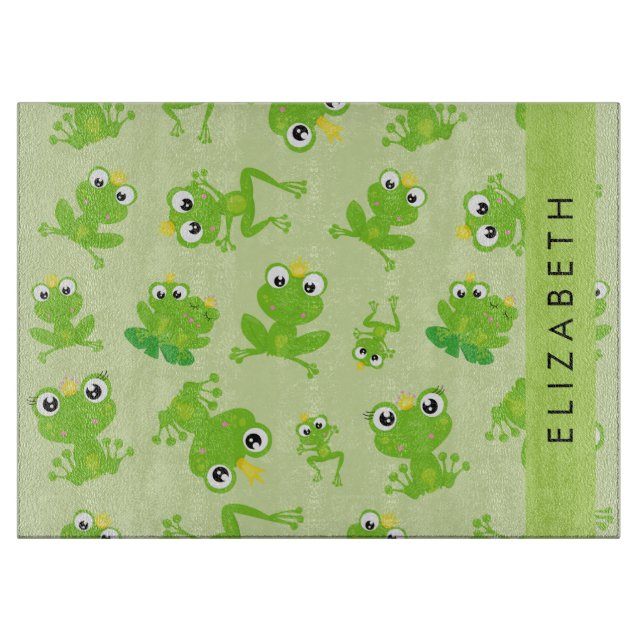 Frog Pattern, Green Frogs, Frog Prince, Your Name Cutting Board (Front)