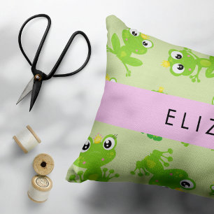 Frog Pattern, Green Frogs, Frog Prince, Your Name Decorative Cushion