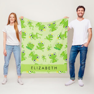 Frog Pattern, Green Frogs, Frog Prince, Your Name Fleece Blanket