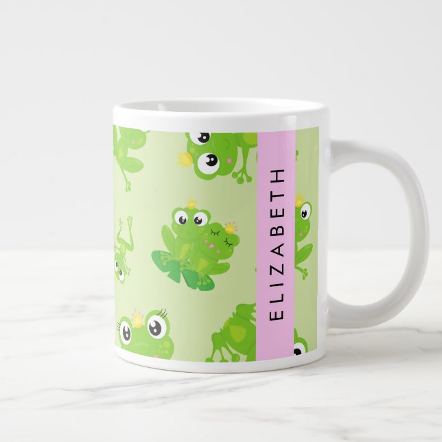 Frog Pattern, Green Frogs, Frog Prince, Your Name Large Coffee Mug (Right)