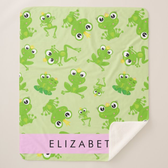 Frog Pattern, Green Frogs, Frog Prince, Your Name Sherpa Blanket (Front)