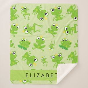 Frog Pattern, Green Frogs, Frog Prince, Your Name Sherpa Blanket