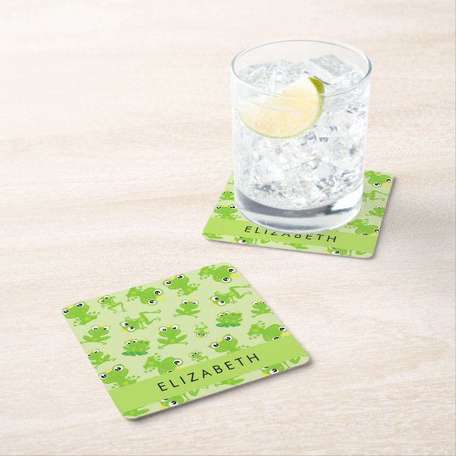 Frog Pattern, Green Frogs, Frog Prince, Your Name Square Paper Coaster (Insitu)