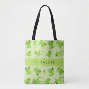 Frog Pattern, Green Frogs, Frog Prince, Your Name Tote Bag