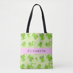 Frog Pattern, Green Frogs, Frog Prince, Your Name Tote Bag