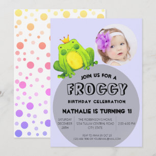Frog Photo Birthday Pink 1st Party Cute Polka Dots Invitation