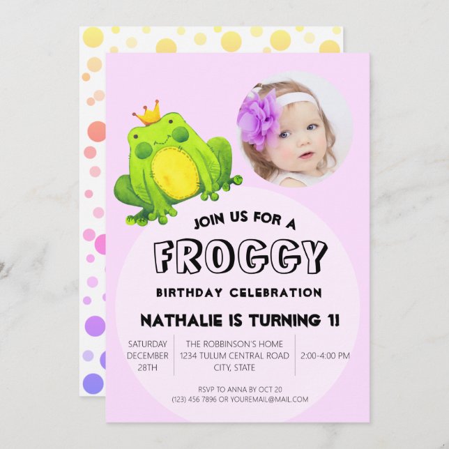 Frog Photo Birthday Pink 1st Party Cute Polka Dots Invitation (Front/Back)