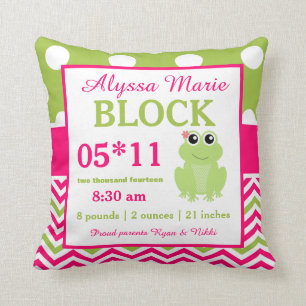 Frog Pink Green Baby Announcement Pillow