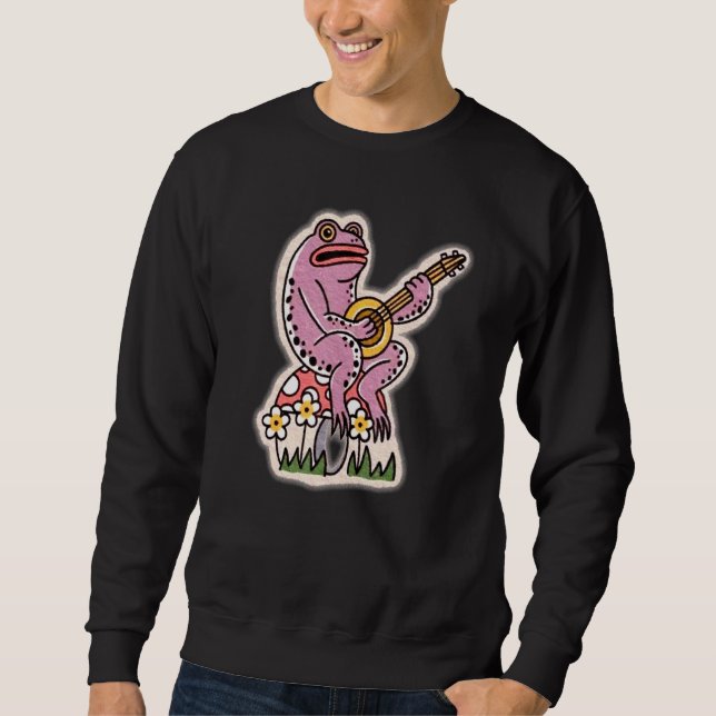 Frog Playing Banjo - Sitting On Mushroom - Cottage Sweatshirt (Front)