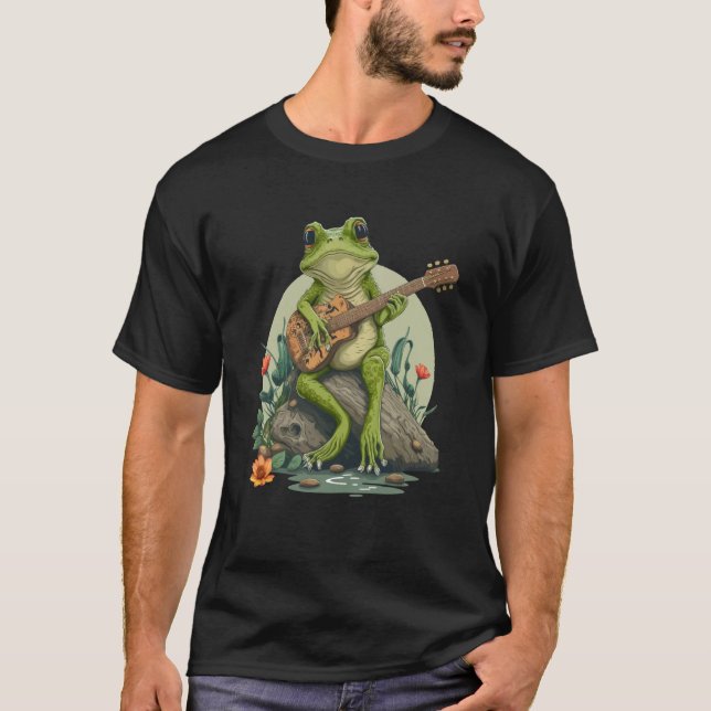 Frog Playing Guitar   Frog Playing Banjo On Log T-Shirt (Front)
