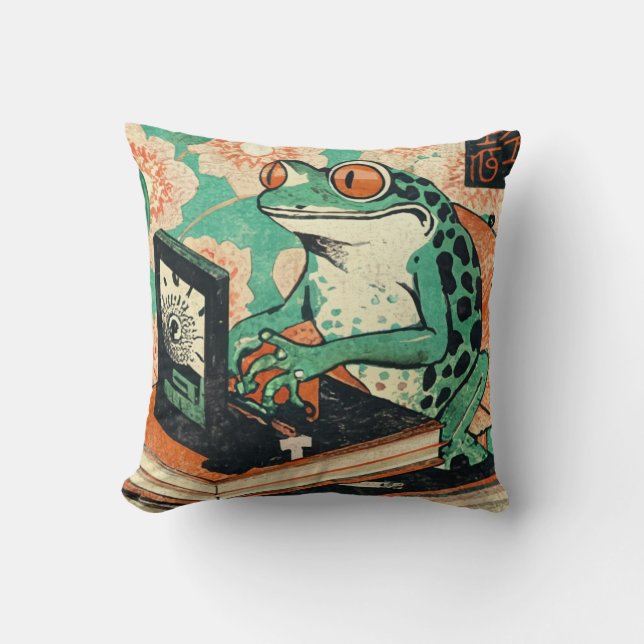 Frog Playing Pc Games, Ukiyo-e Frog Art, Frog  Cushion (Front)
