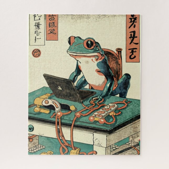 Frog Playing Pc Games, Ukiyo-e Frog Art, Frog  Jigsaw Puzzle (Vertical)