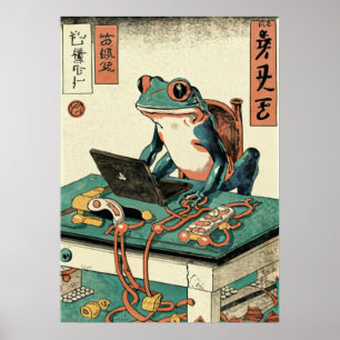 Frog Playing Pc Games, Ukiyo-e Frog Art, Frog  Poster