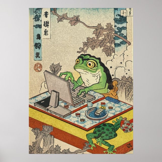 Frog Playing Pc Games, Ukiyo-e Frog Art, Frog  Poster (Front)