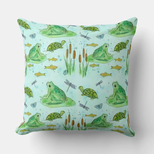 Frog Pond Goldfish Turtles Dragonfly Green Cushion (Front)