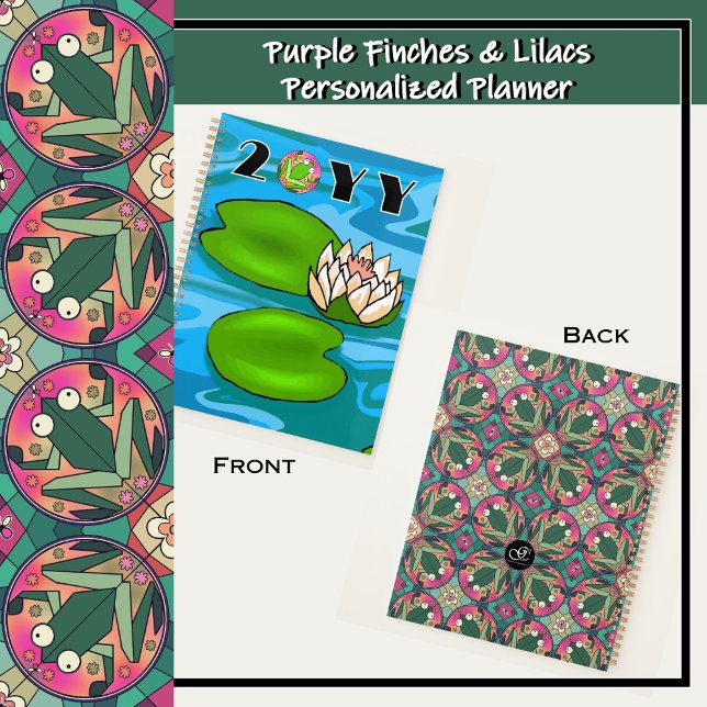 Frog Pond Kaleidoscope Water Lillies Personalised Planner (Colorful frog pond kaleidoscope stained glass look - purple, blue, pink, orange, green, yellow.)