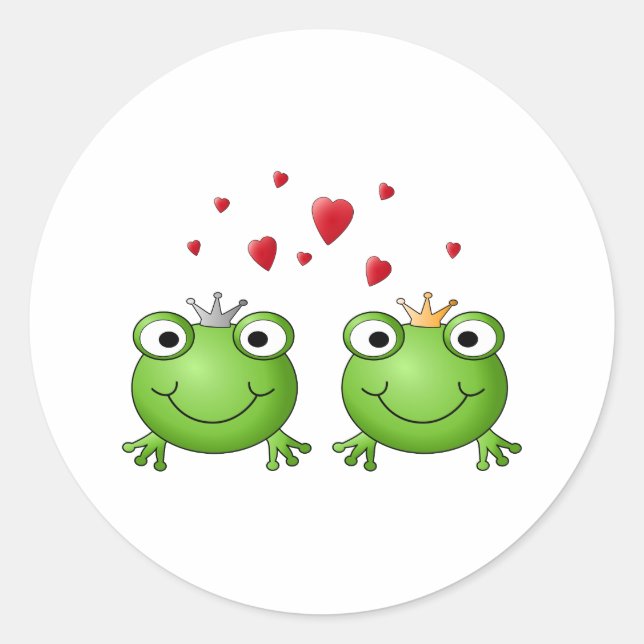 Frog Prince and Frog Princess, with hearts. Classic Round Sticker (Front)