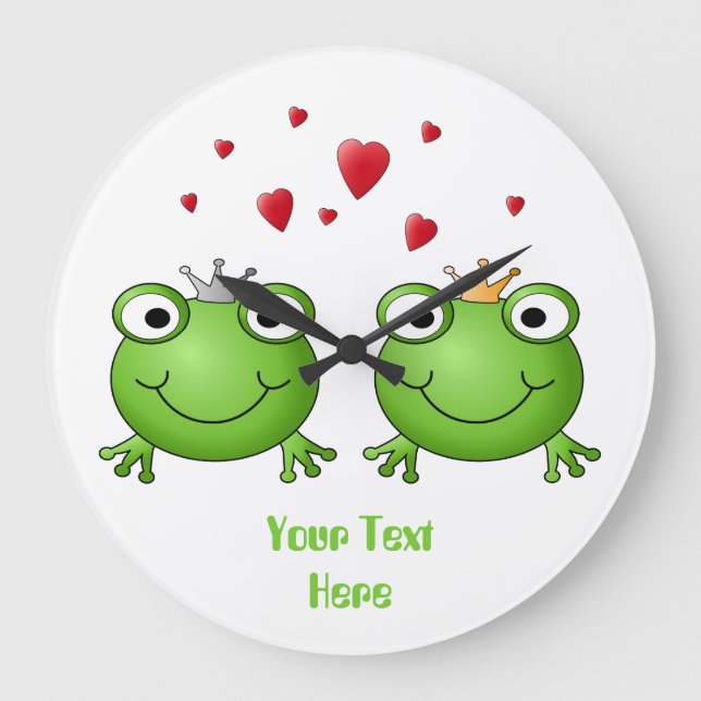 Frog Prince and Frog Princess, with hearts. Large Clock (Front)